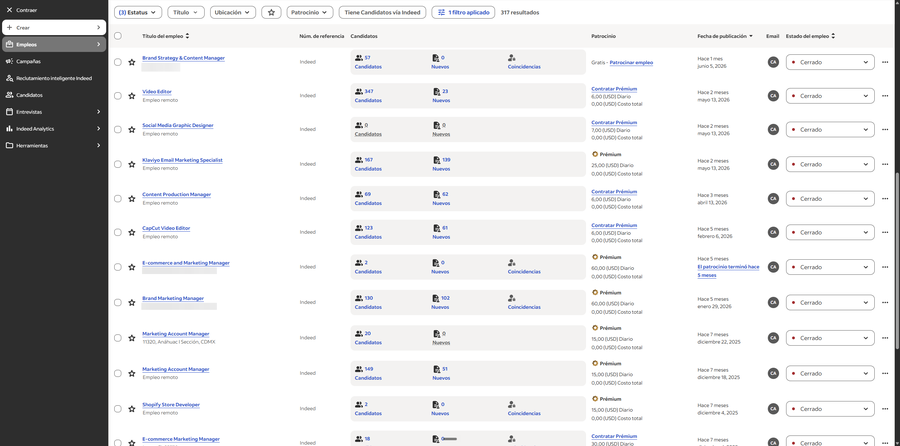 Panel de aplicaciones y candidatos en Indeed